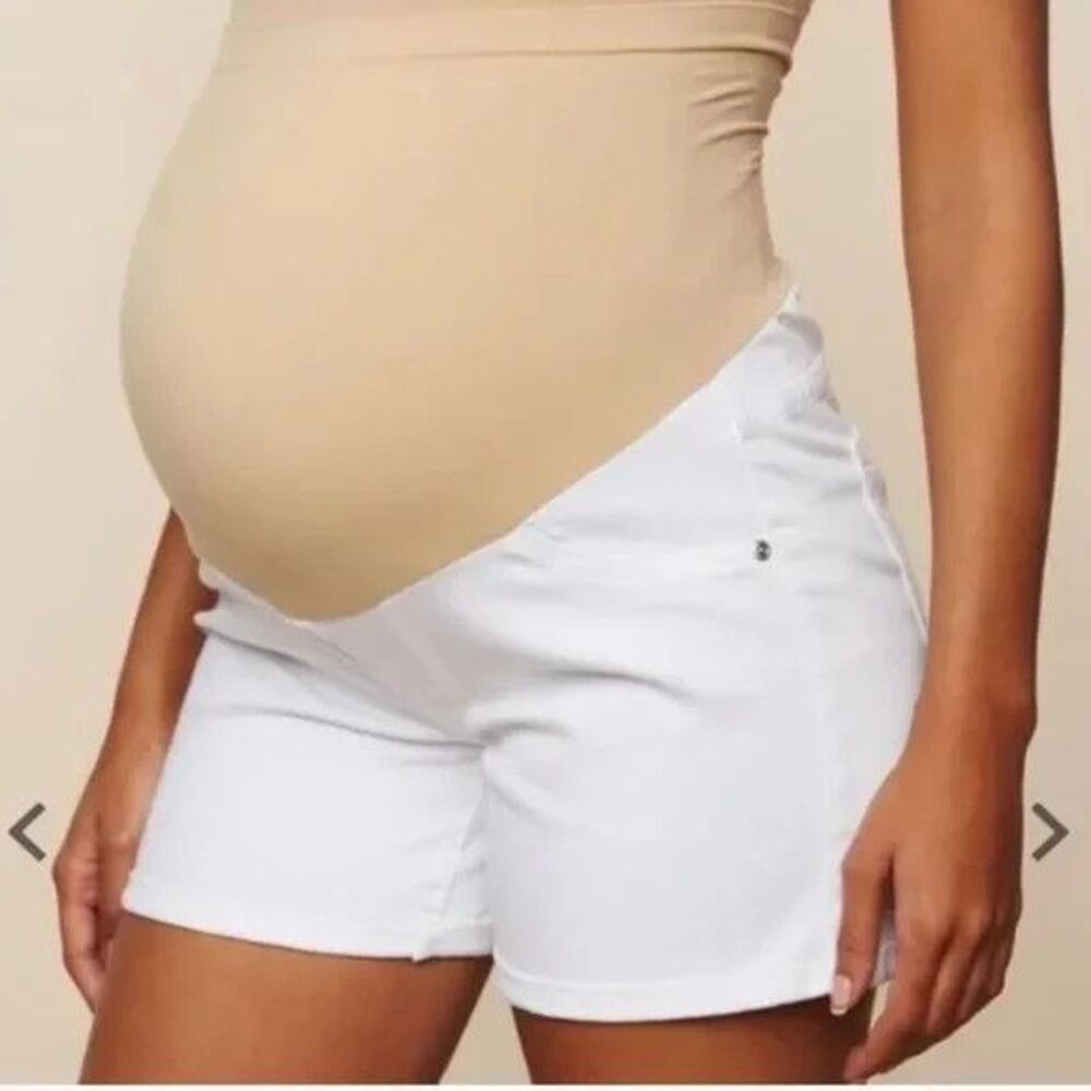 Indigo Blue Large Secret Fit Belly Maternity Shorts White Tan Roll Hem Denim